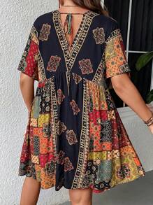 SHEIN CURVE+ Kích thước lớn Của phụ nữ Vá lại Hoa tay cánh Đầm - Màu xanh hải quân - Xem 2