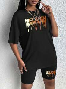 SHEIN Slayr Women's Letter Pattern Drop Shoulder Sleeve T-Shirt And Shorts Set - Black - View 6