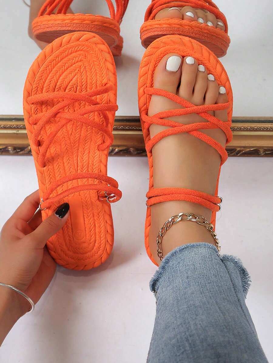 Dép xăng đan đế bằng cho nữ, dép xăng đan thoải mái, quai chéo chống trượt, màu trơn, hở mũi, dép xăng đan thường ngày đi biển, phù hợp với trang phục mùa xuân hè. - trái cam - Xem 1