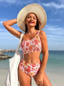 SHEIN Swim Traje de baño de una pieza con estampado floral, corte en la cintura y un solo hombro sin mangas para mujer, ideal para verano, playa, natación y vacaciones