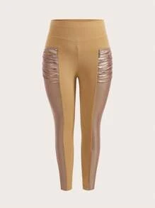 SHEIN Lady Plus Size Women's Knitted Stretchy High Waisted Long Leggings - Camel - View 1