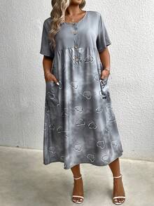 EMERY ROSE 大尺碼女士心形圖案短袖印花洋裝 - 灰色 - 查看 4