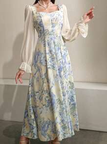 Mulvari 花卉印花甜心领口收腰连衣裙超长款女士长款晚礼服 - 淺藍色 - 查看 6