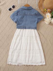 SHEIN Young Girl Solid Texture Strap Dress And Button-Front Denim Jacket