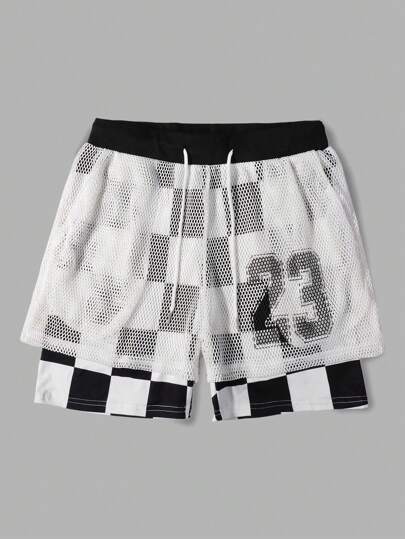 Prep Men's Double Layer Plaid & Number Printed Sports Shorts
