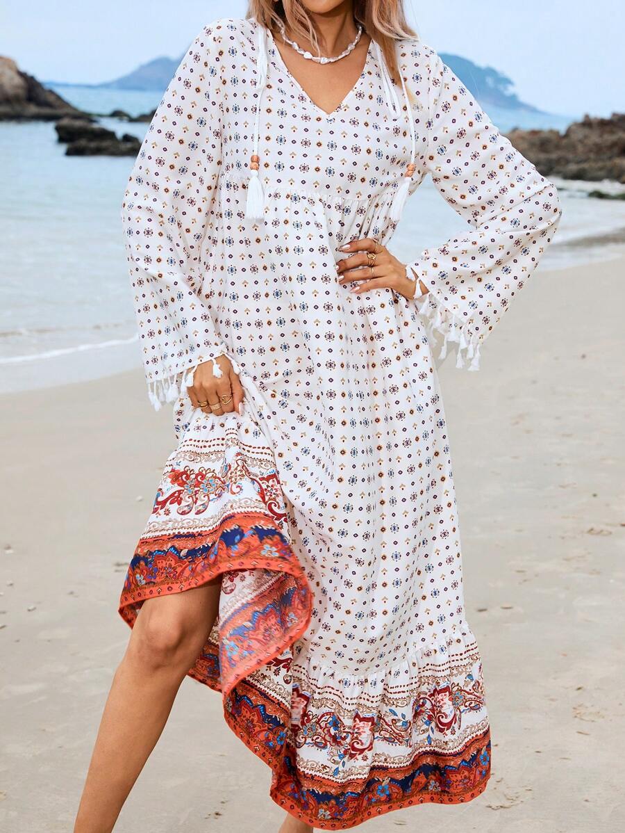 Seusyu Women'S Geometric Pattern Fringe Embellished Dress - Multicolor - View 1