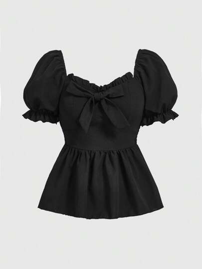 Kawaii Blusa de muñeca con lazo decorativo, manga abullonada y línea de muñeca, para la escuela, blusa de manga corta