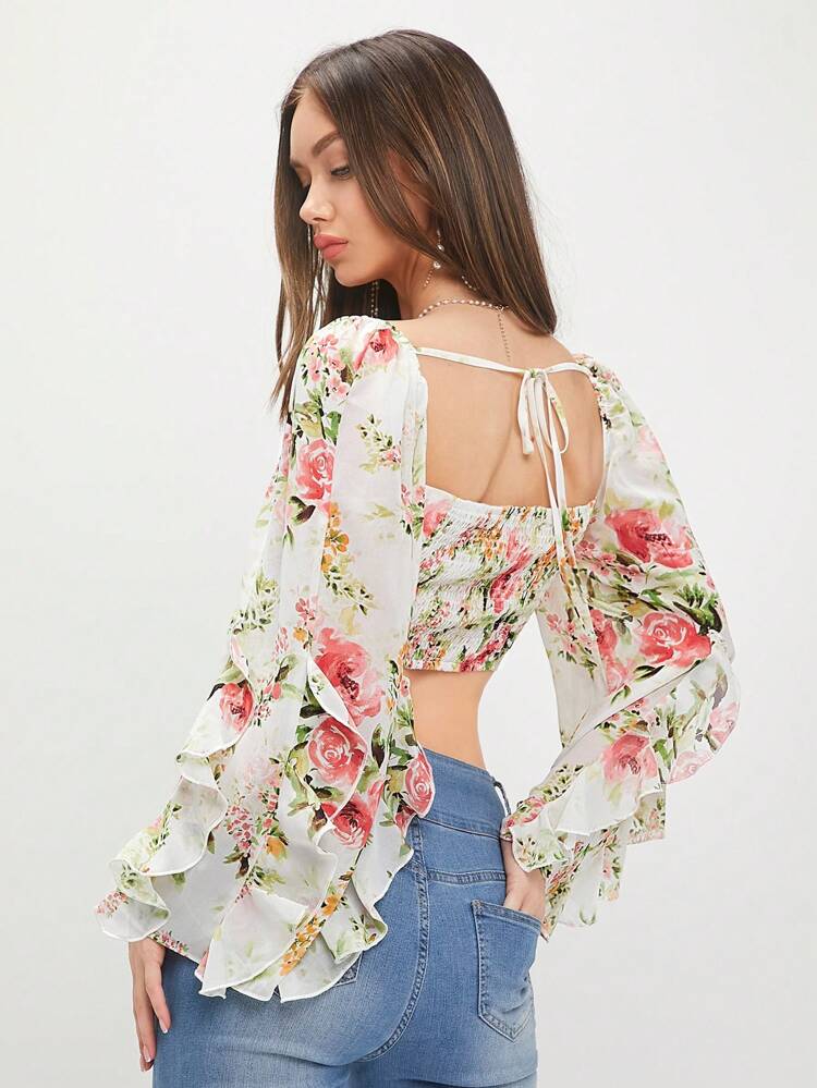 Summer Women's Floral Print Square Neckline Ruffle Hem Bell Sleeve Cropped Blouse