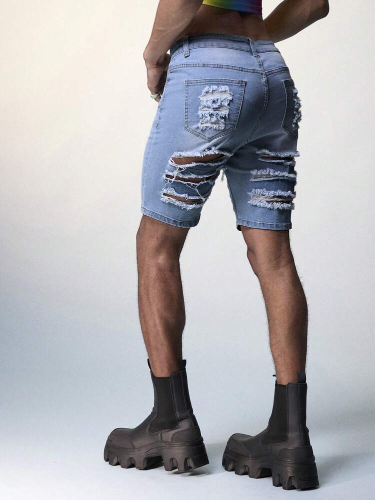 Men's Light Wash Denim Sexy Big Ripped Butt Tight Ultra Short Jeans Shorts