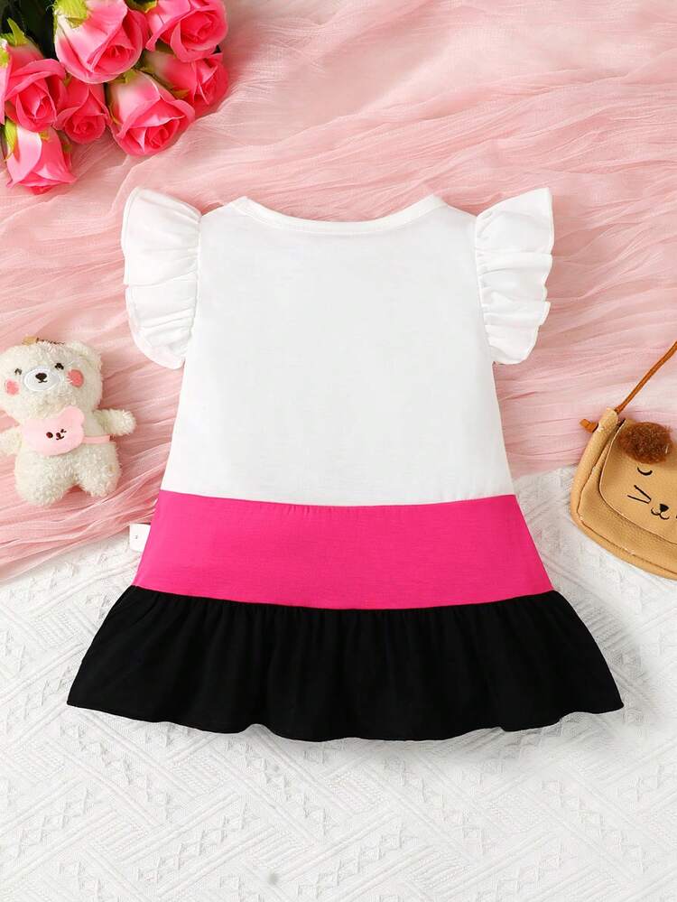 Baby Girl Cute Cat Printed Ruffle Trim A-Line Dress With Bow Detailing, Spring