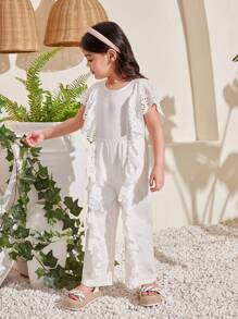 SHEIN Young Girl Lovely Light Palace Style Round Neck Ruffle Trim Jumpsuit - White - View 6