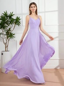 Lilac Romantic Spaghetti Strap Maxi Bridesmaid Dress Elegant Dress - Lilac Purple - View 1