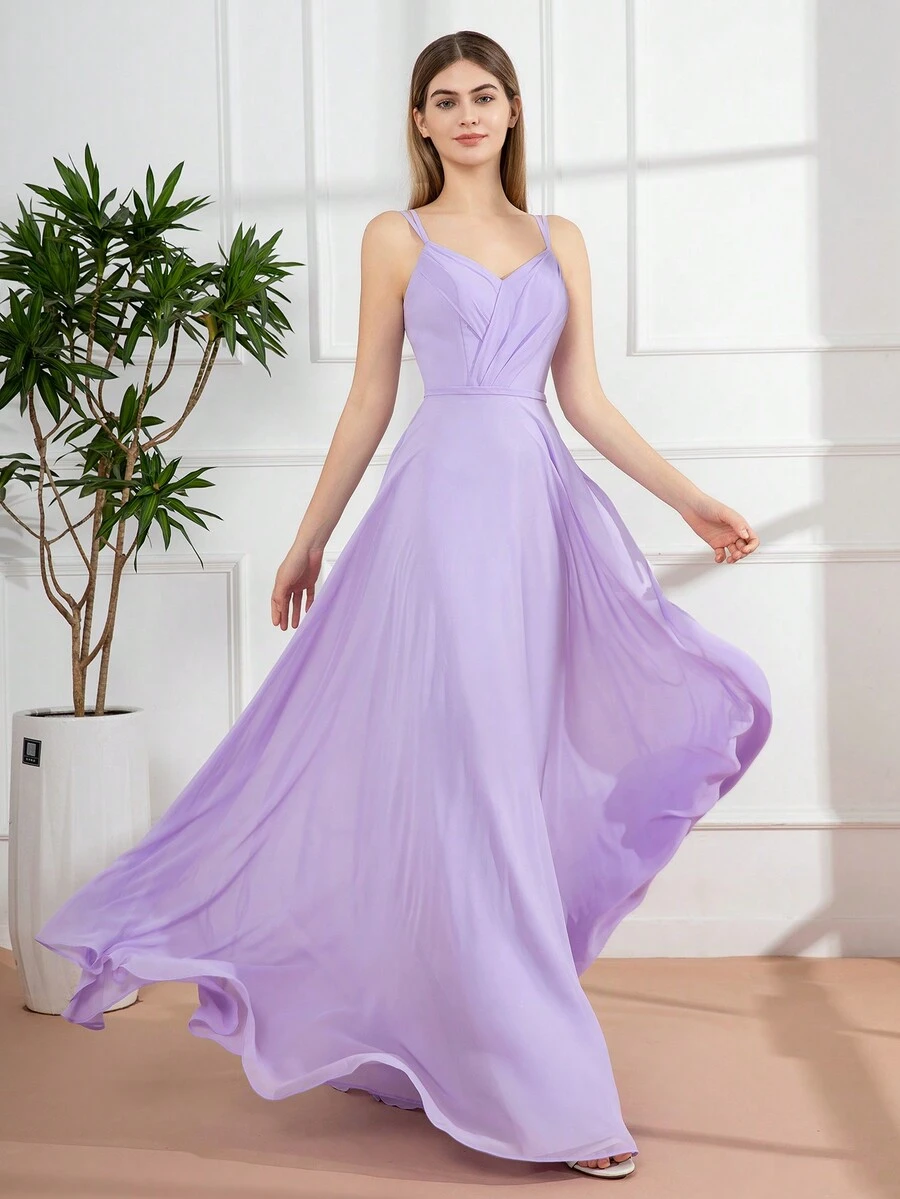 Lilac Romantic Spaghetti Strap Maxi Bridesmaid Dress Elegant Dress - Lilac Purple - View 1