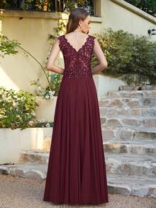 BABYONLINE D.R.E.S.S. New Sequin Computer Embroidery Sleeveless Dress Formal Ball Gown For Women - Burgundy - View 2