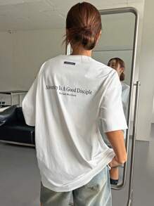 DAZY 女款落肩寬鬆大號 T-shirt，印有「Adversity Is A Good Disciple」與「No Gall No Glory」標語，校園風 - 白色 - 查看 5