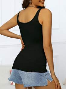 INAWLY Solid Scoop Neck Tank Top - Black - View 2