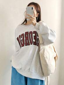 DAZY 字母圖案落肩袖運動衫 - 灰色 - 查看 8