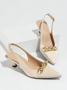 Của phụ nữ Thanh lịch Màu be Xa ten Cao gót Với dây chuyền Trang trí Pointed Toe , Dây đeo mắt cá chân Và Hình con mèo Gót chân Cúp , Thích hợp Đối với Cuộc sống hàng ngày , Ngày đêm , Mua sắm , Buổi tiệc In Mùa Xuân Và Mùa hè - Màu be - Xem 1