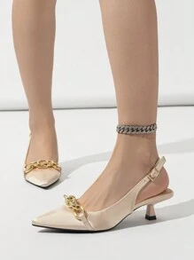 Của phụ nữ Thanh lịch Màu be Xa ten Cao gót Với dây chuyền Trang trí Pointed Toe , Dây đeo mắt cá chân Và Hình con mèo Gót chân Cúp , Thích hợp Đối với Cuộc sống hàng ngày , Ngày đêm , Mua sắm , Buổi tiệc In Mùa Xuân Và Mùa hè - Màu be - Xem 3
