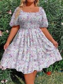 Flirla Đầm tay phồng cổ vuông in hình cỡ lớn - Nhiều màu - Xem 3