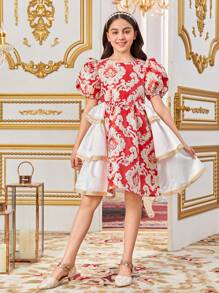 SHEIN Tween Girl Casual Round Neck Bubble Sleeve Patchwork A-Line Dress - Red - View 5