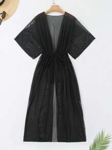 Swim Vcay 女士純色透明網眼綁腰和服外套