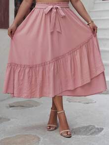 Fusta largi de marime uni, cu volane si chenar decorativ - Roz - Vizualizare 5