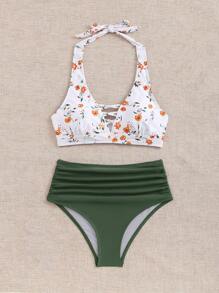 SHEIN Swim Bộ Bikini Cổ Ruffle Hem Halter Họa Tiết Hoa Ditsy dành cho Nữ Đi Biển Mùa Hè - xanh quân đội - Xem 5