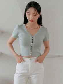 DAZY 纯色针织短袖 V 领纽扣女式夏季上衣 - 綠色 - 查看 7