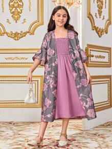 SHEIN Tween Girls' Losse Casual Jacquard Open Front Jas Met Spaghettibandjes Jurk Tweedelige Set