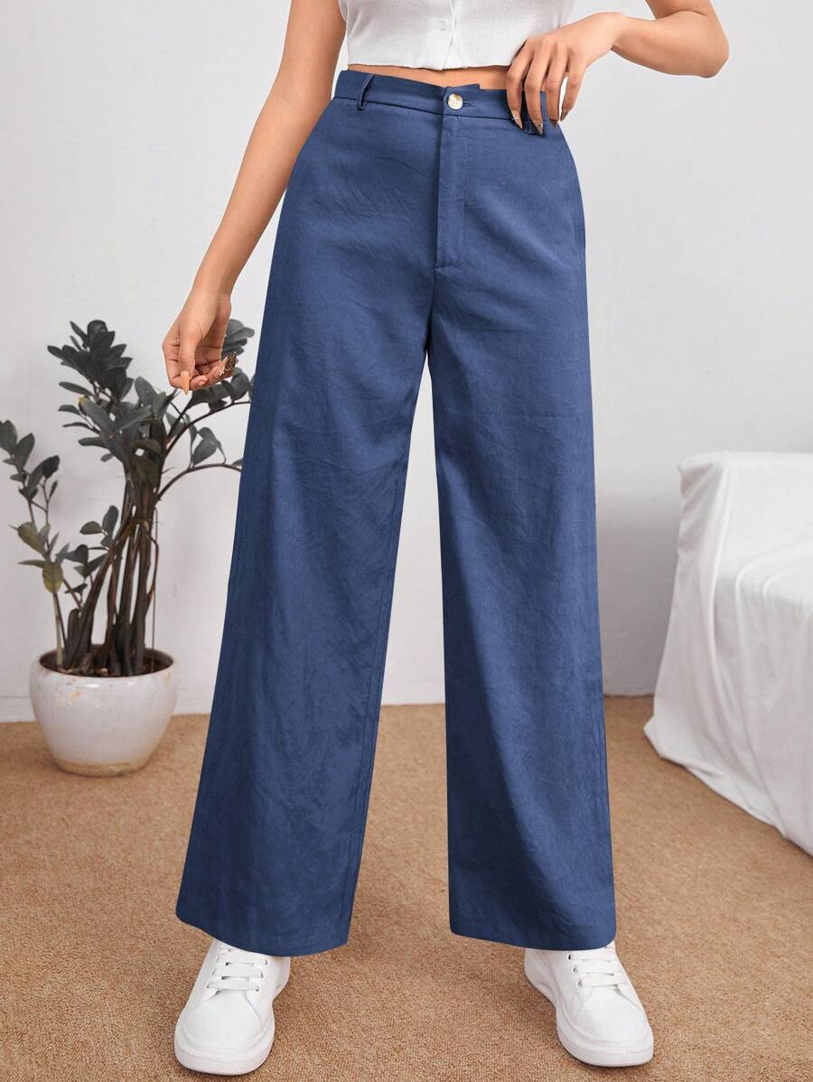 SHEIN PETITE Solid High Waist Pants - Navy Blue - View 1