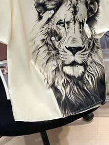 SHEIN 青少年男孩鬆身休閒短袖織物襯衫,帶有翻領和獅子圖案 - 卡其色 - 查看 3