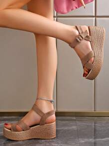 Simple Lightweight Thick Sole Platform Sandals For Women, Red, Waterproof Platform High Heels 7cm - Khaki - View 5