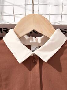 SHEIN Tween Girls' Short Sleeve Shirt Collar Color Block 2 In 1 Dress With Side Tie - Beige - View 5