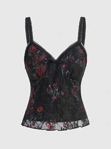 ROMWE Fairycore 女性玫瑰花蕾絲蝴蝶結裝飾背心 - 彩色 - 查看 1