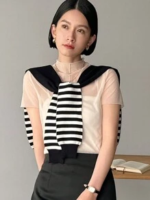 DAZY Patchwork Striped Knit Sweater With Round Neckline - Black - View 3