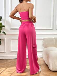 SHEIN Unity Women's Solid Color Strapless Top & Workwear Style Long Pants Two Pieces Set - Multicolor - View 2