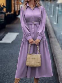 SHEIN LUNE 純色燈籠袖扣前襯衫連衣裙 - 紫色 - 查看 5