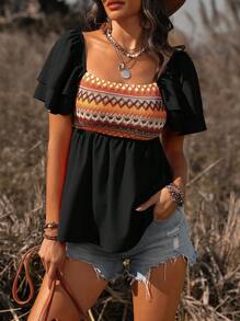 SHEIN LUNE Women's Geometric Printed Ruffled Short Sleeve Blouse - Black - View 6