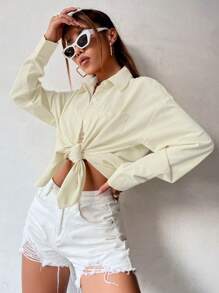 SHEIN Unity Màu thuần Có nút Thả vai Áo sơ mi Với Patch Túi - Màu be - Xem 6