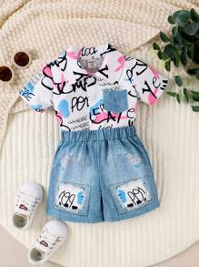 Lässiges, Cooles Kurzarmhemd Für Den Sommer Für Babys Mit Buchstabendruck Und Shorts - Pink - Übersicht 6