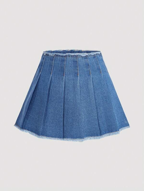 SHEIN MOD Women's Pleated And Frayed Denim Skirt