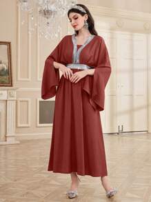 Modelyn 女式闪亮拼色蝙蝠袖阿拉伯收腰连衣裙 - 紅色 - 查看 7