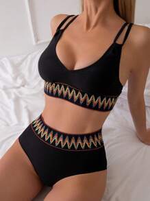SHEIN Swim 女士两件式拼接比基尼套装，带波浪编织带细节，夏季海滩 - 黑色 - 查看 1