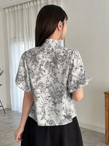 FRIFUL Women's Plant Printed Tie Front Short Sleeve Shirt
