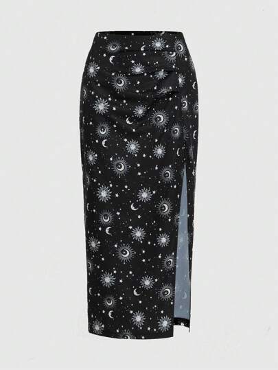 Goth Sun & Moon Graphic Split Thigh Skirt