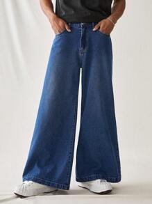 Manfinity Hypemode Jeans vaqueros de pierna ancha personalizados para hombres, azul desgastado retro - Azul - Ver 3