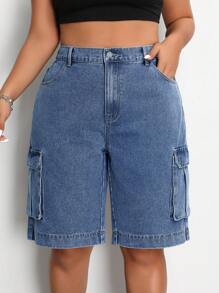 SHEIN EZwear Kích thước lớn Của phụ nữ Lỏng lẻo Quần short Denim Chiều dài trung bình Với Túi - Rửa tối - Xem 4