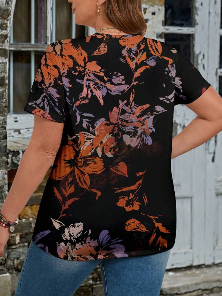 Women's Plus Size Vintage Casual Floral Printed Jumpsuit T-Shirt,Flower/Spring/Summer/Vacation