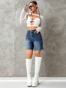 SHEIN EZwear 牛仔短褲,原邊設計 - 藍色 - 查看 5